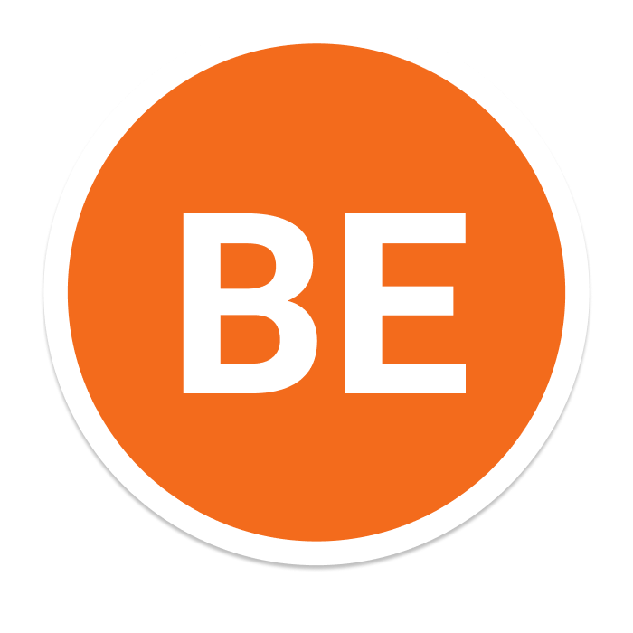 Round orange logo with the BE Initials for Backend rekluti.community
