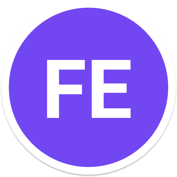 Round purple logo with the FE Initials for Frontend rekluti.community